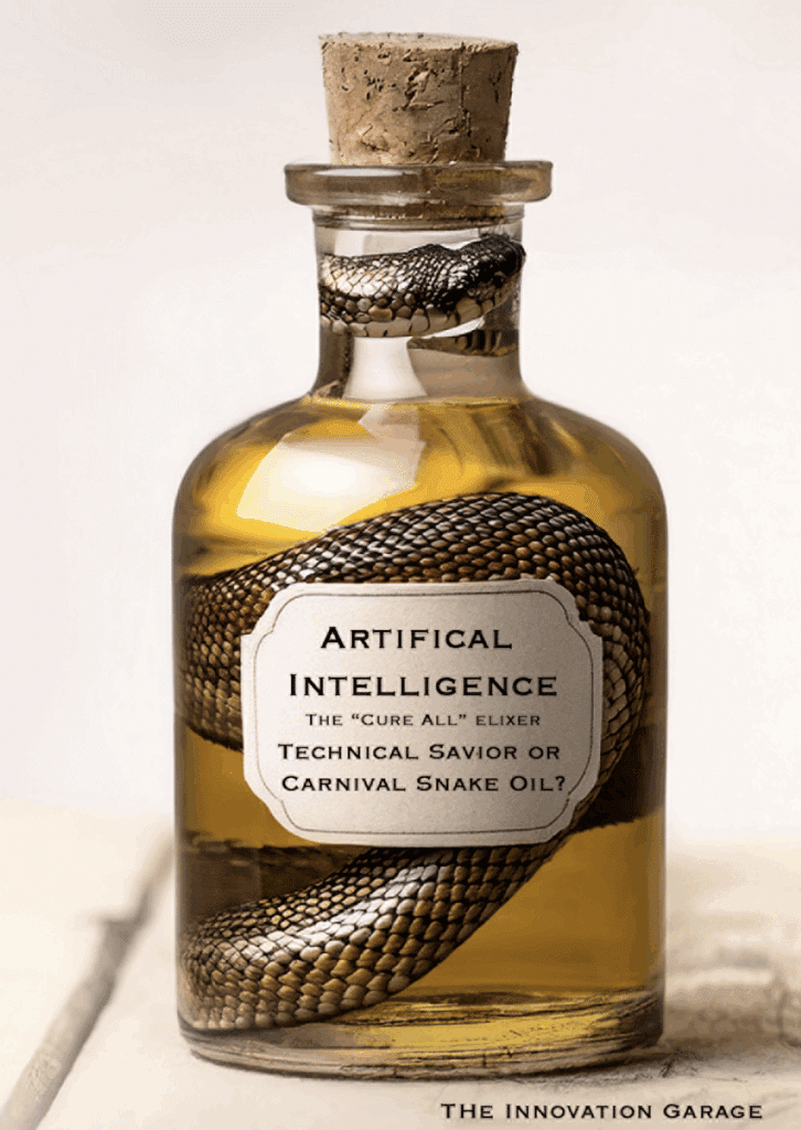 a bottle with a snake in it an a label that sats artificial intelligence technical savior or carnival make oil