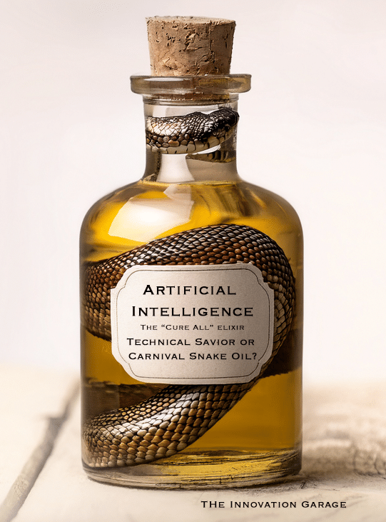 Artificial Intelligence a photo of a bottle of oil with a snake and a label that reads "The Cure All Elixir - Technical Savior or Carnival Snake Oil?"
